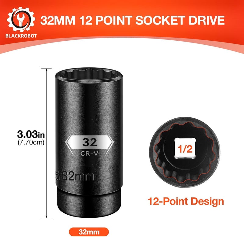 BLACKROBOT 32 mm 12-Point Deep Impact Socket, 1/2 Inch Drive, Metric, Cr-V Steel With Black Manganese Phosphate Coating - Image 2
